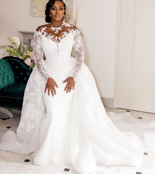 

2023 arabic aso ebi mermaid white wedding dress sheer neck long sleeves lace bridal gowns dresses zj303