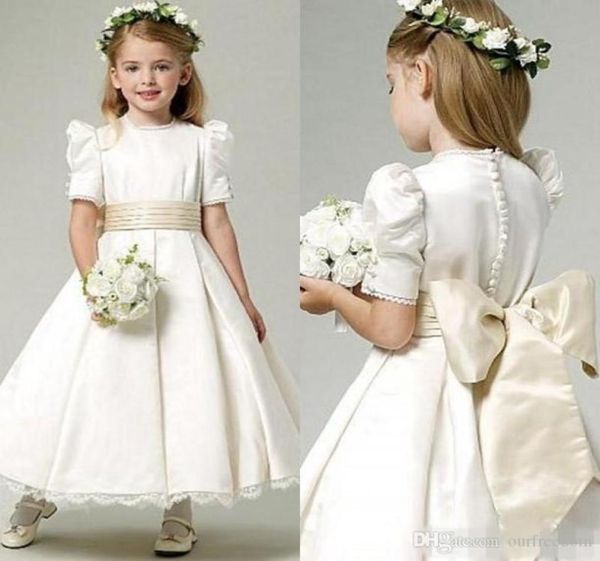 

vintage flower girl dress jewel neck ankle length bubble short sleeves lace hemline ivory satin flower girl dresses with champagne1375625, White;blue