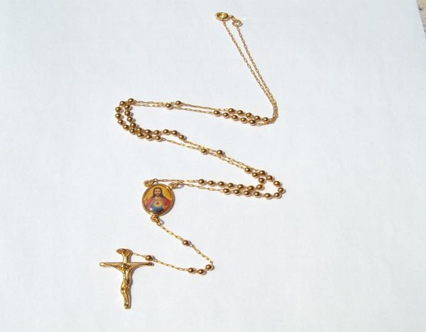 

loyal mens women cool 14 k yellow gold gf cross crucifix pendant rosario rosary beads necklace chain 60cm 10 cm long4984167, Silver