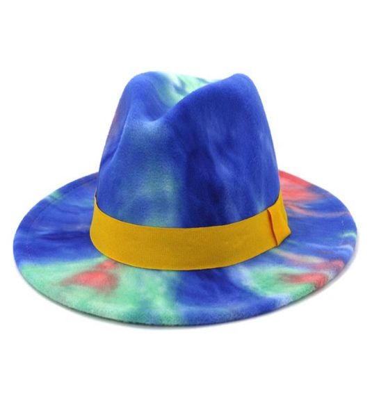 

fashion flat brim jazz felt hat new arrival trendy lady colorful tie dye panama faux wool fedora hat cap with yellow band2050553, Blue;gray