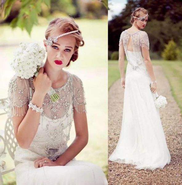 

vintage great gatsby sparkly crystal beach wedding dresses 2019 jenny packham cap sleeve country open back bridal wedding gowns6193500, White