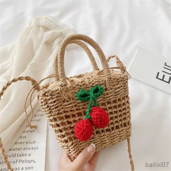 

other bags cute cherry straw bag women summer crossbody bag casual beach bags weave bucket handbag travel seaside shoulder bag, Black;red