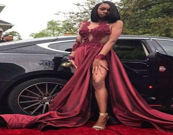 

2019 black girls long sleeve prom dresses burgundy side split a line lace appliques formal evening occasion party dresses cus3018162