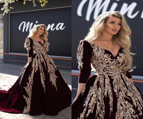 

burgundy 2020 dubai arabic ball gown evening dresses lace appliqued celebrity v neck long sleeve evening gowns formal pageant dres6015122, Black;red