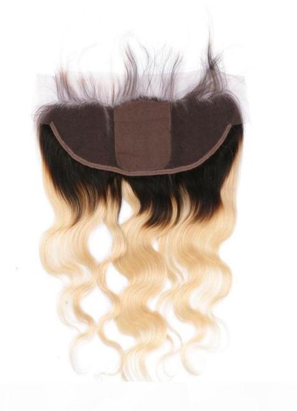

body wave 1b 613 blonde ombre malaysian human hair silk base 13x4 full lace frontal closure with baby hair middle three part5979547923977, Black;brown
