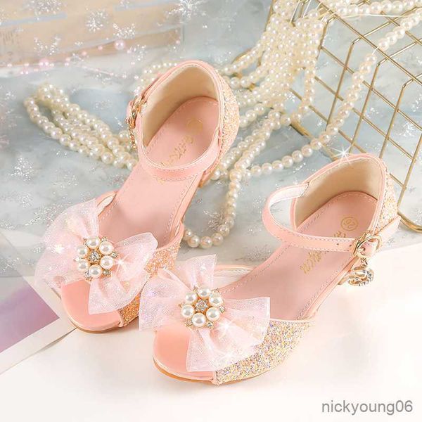 

sandals girl princess sandals sequin bow glitter wedding party high heeled sandals summer new children sandals r230529, Black;red