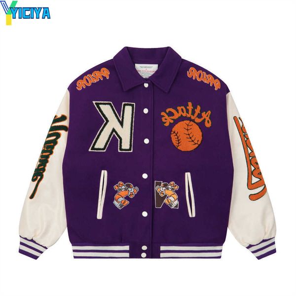 

yiciya high street color matching lapel neck leather long sleeve flocking embroidery baseball jacket man, Black;brown