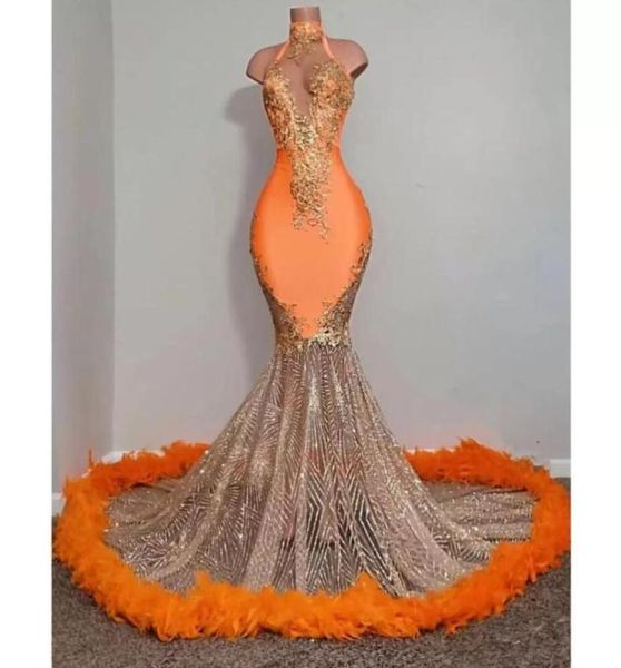 

black girls orange mermaid prom dresses 2023 satin beading sequined high neck feathers luxury skirt evening party formal gowns for7545745