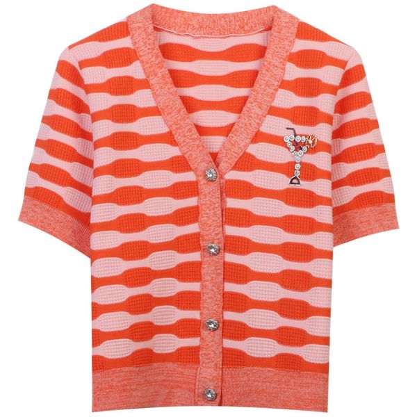 

522 l 2023 summer sweaters women's cardigan sweater blue striped v neck short sleeve brand same style women's mingmo, White;black