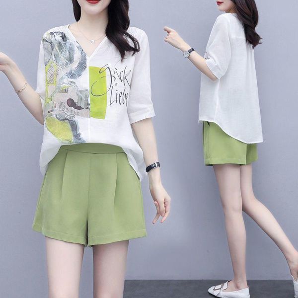 

dress 2022 summer short two piece set women hidden breasted loose shirt + green wide leg mini pants female work wear fashion suits, White