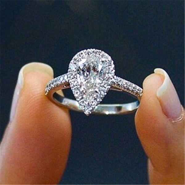 

band rings huitan simple classic silver color water drop pear women ring shiny cubic zircon delicate wedding band ring timeless jewelry aa23