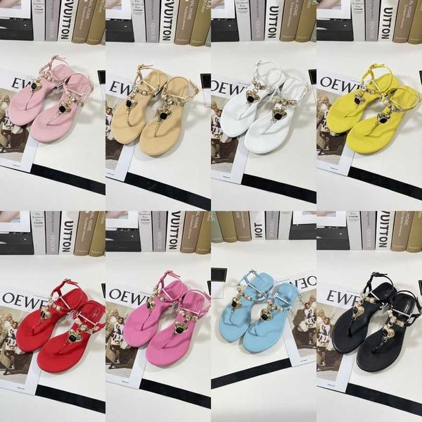 

heart diamond pearl buckle slippers logo thong sandal leather t ankle strap flat mule shoes flip flops sandals women ladies beach slides sum, Black