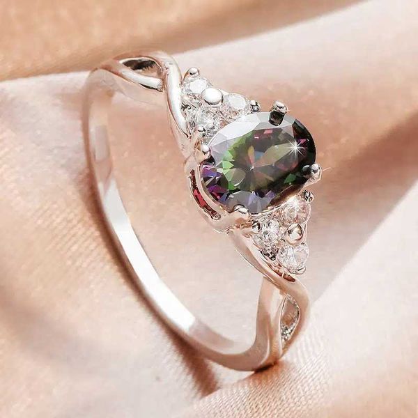 

band rings huitan exquisite oval multicolored cubic zirconia ring for women wedding anniversary gift temperament lady's rings new jewel, Silver