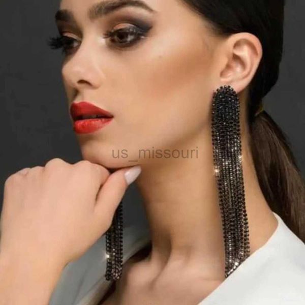 

stud european and american fashion mysterious black rhinestone long tassel hanging earrings for women's wedding banquet crystal earri j, Golden;silver