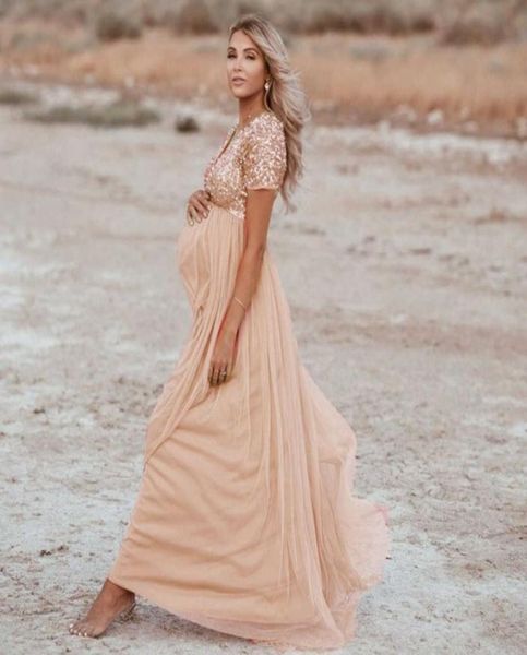 

4 women pregnants maternity dresses pography props short sleeve sequined solid dress maternity gown chiffon v neck pink y09243204312, White