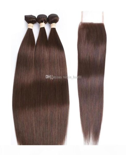 

4 medium brown color straight virgin hair bundles with lace closure chestnut brown peruvian human hair weaves with 44 lace c572001430, Black;brown