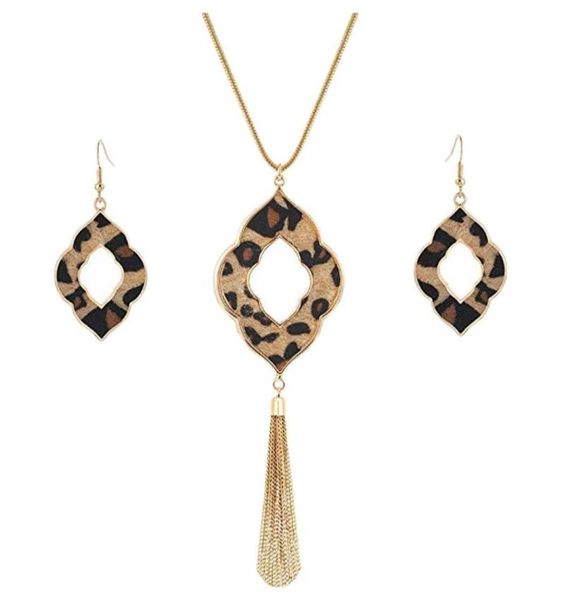 

earrings necklace long for women leopard print cheetah leather drop dangle set geometric pendant fringe tassel4185652, Silver