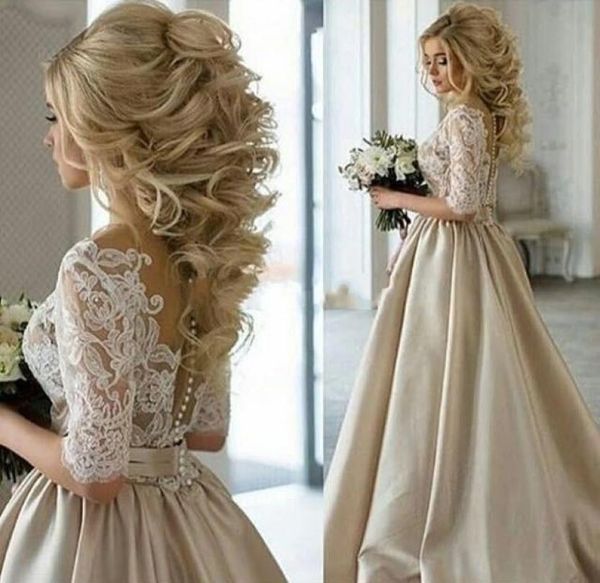 

2019 vintage champagne lace wedding dresses sheer neck half sleeves appliques lace satin long wedding gowns see through back brida1469849, White