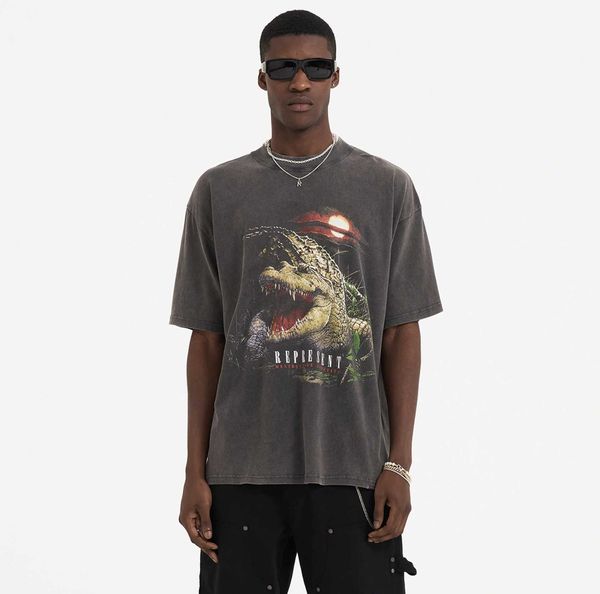 

represent sunset crocodile distressed short sleeve t-shirt, White;black