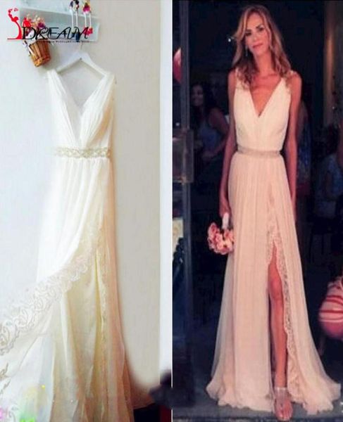 

2019 boho v neck wedding dresses white ivory chiffon lace side split country style bridal gown beach wedding dresses ba5888157