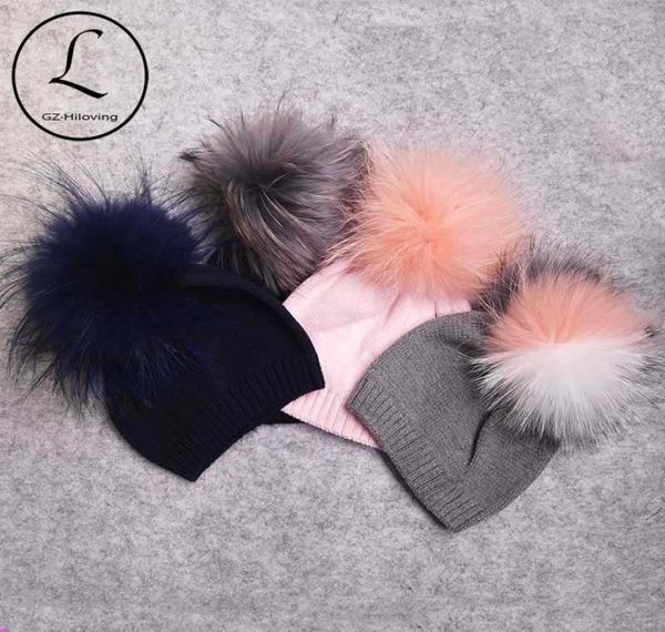 

autumn winter newborn baby boys girls real fur pompom beanies hats soft warm toddler children cotton knitted beanies hats gorros y6355010, Blue;gray