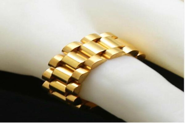 

classic luxury 24k gold plated men watchband rings stainless steel golden link ring hip hop mens style men ring watches band ring5020040, Silver