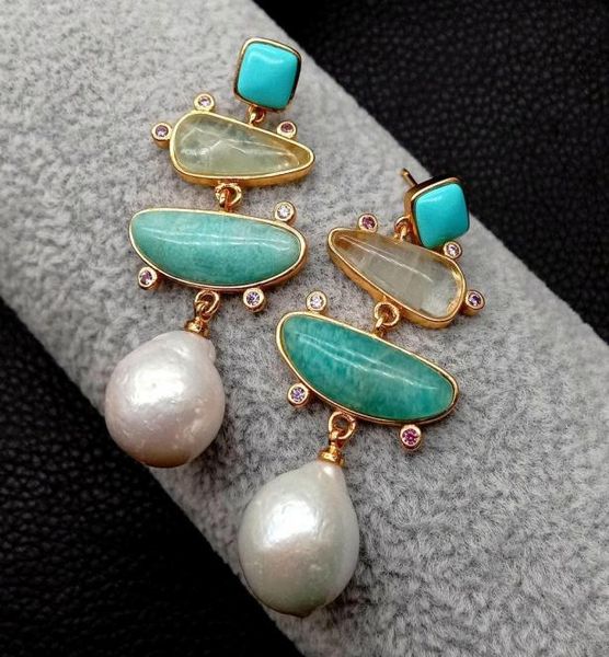 

yygem natural geometric turquoise ite prehnite white pearl stud earrings gold filled office style for women4462743, Golden