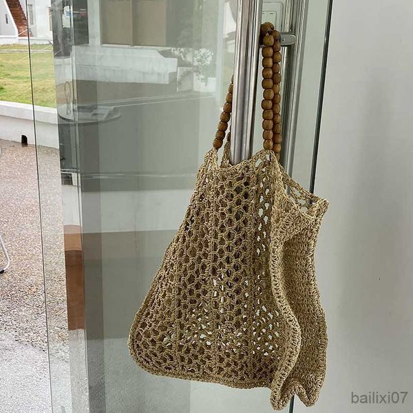 

other bags wooden beading handle straw bag hollow tote het shoulder bags summer large beach bags for women woven handbags and purses, Black;red