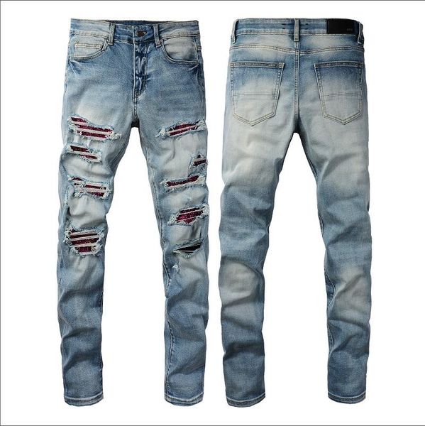 

designer mens jeans hiking pant ripped hip hop high street fashion branmotorcycle embroidery close fittin, Blue