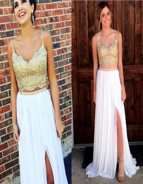 

white gold two piece evening dresses 2018 v neck spaghetti straps lace chiffon beading split long prom dresses sweep train7106636, Black;red