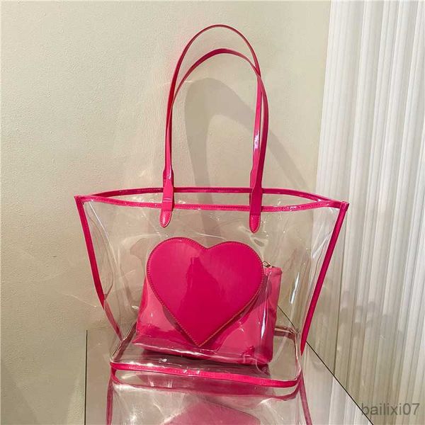 

other bags women summer vacation clear beach bag large capacity heart pattern transparent tote bag for lady, Black;red