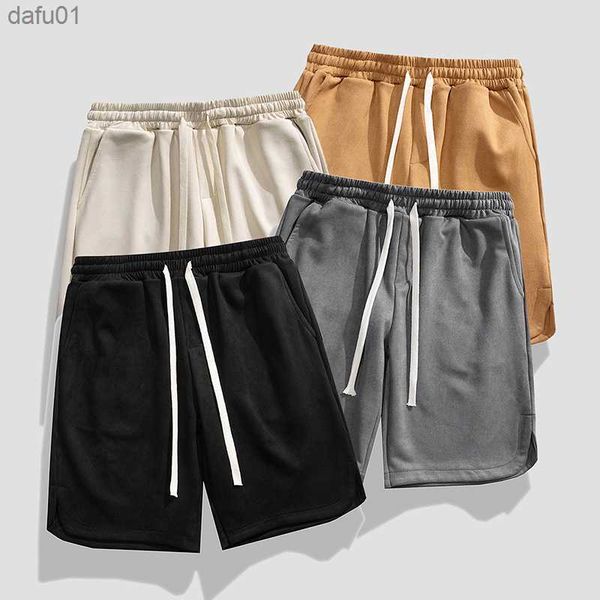 

men's shorts casual summer mens shorts high-quality fashion knee pants leisure sports soft soild color suede beach shorts gym sweatpant, White;black