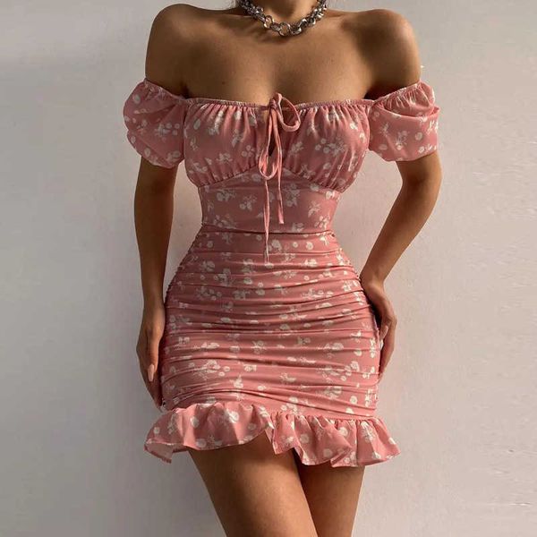 

2022 women's off shoulder trim waist backless wood ear floral dress, Black;pink