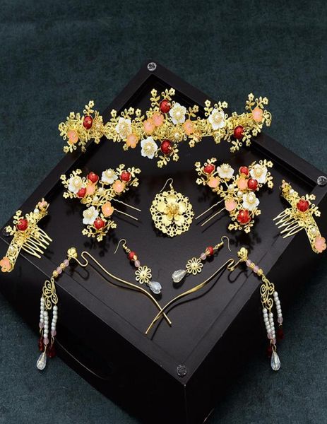 

chinese claasical bride headdress costume retro hairpin long earrings orient bride wedding coronet hair accessories jce0669297243, Slivery;golden