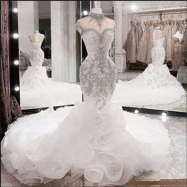 

plus size arabic aso ebi luxurious beaded crystals wedding dresses high neck mermaid bridal dresses sheer neck wedding gowns zj935, White