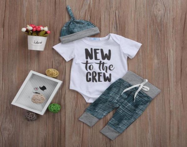 

018months new to the crew printed short sleeve bodysuitspantshats 3pcs clothing set for new born infant baby boy clothes4502577, White