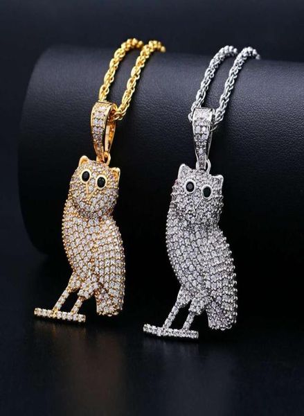 

hip hop owl diamonds pendant necklaces for men luxury animal necklace jewelry real gold plated copper zircons golden cuban chain 25703092, Silver