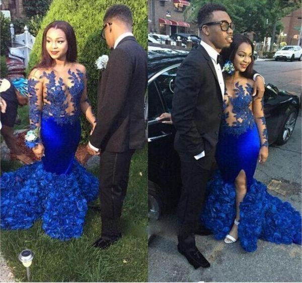 

long sleeves royal prom dresses rose flowers gorgeous lace appliques side split mermaid dresses party evening side split formal ve8903870, Black