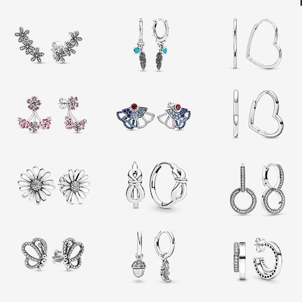 

925 silver women piercing stud earrings ear heart daisy flower stud sleeper butterfly earring diy fit pandora fine designer jewelry, Golden;silver