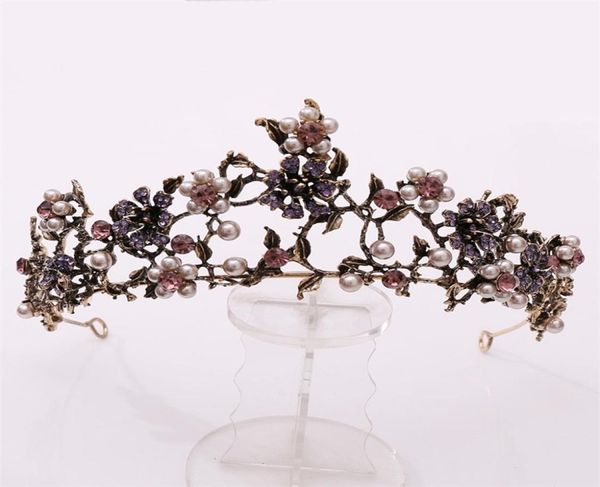 

baroque vintage black purple crystal pearls bridal tiaras crown pageant diadem veil tiara wedding hair accessories 2107015356412, Slivery;golden