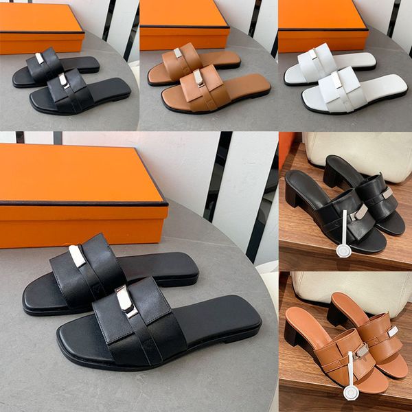

women brand sandals designer slippers chic feminine flat bottom shoe with iconic buckle cowhide slide sandals ladies banquet chic sleek desi, Black