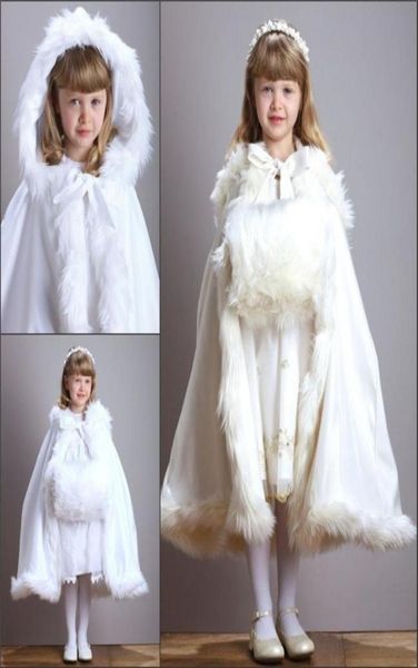 

cute winter wedding coat princess flower grils bridal cape ivory satin with fur trim wedding cloak vintage christmas accessories1143788, White