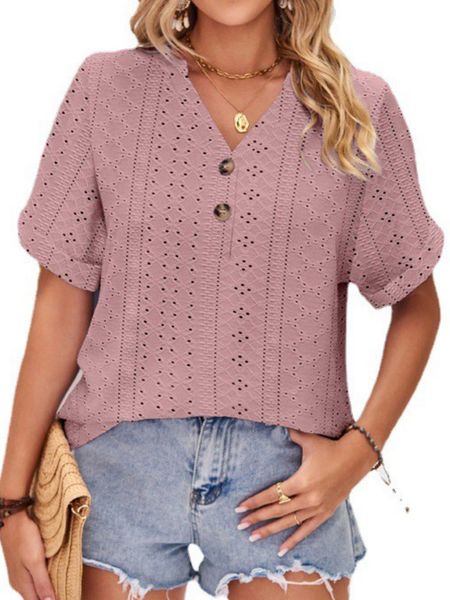 

women short sleeve v neck button up t-shirt tos for summer, White