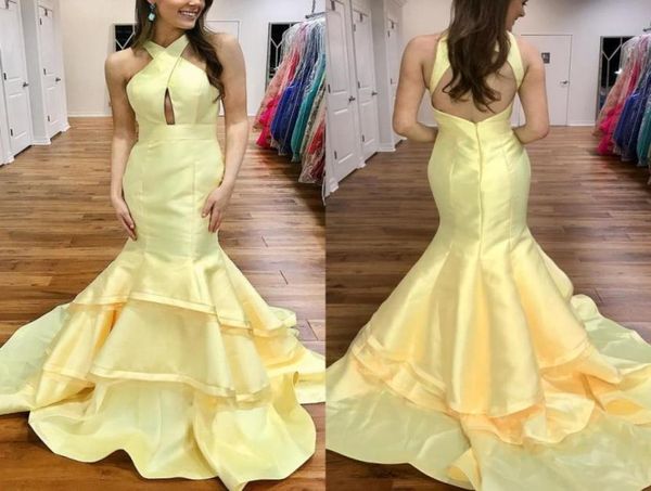 

light yellow mermaid prom dresses halter tiered taffeta backless long prom dresses simple evening dresses sweep train3612379, Black