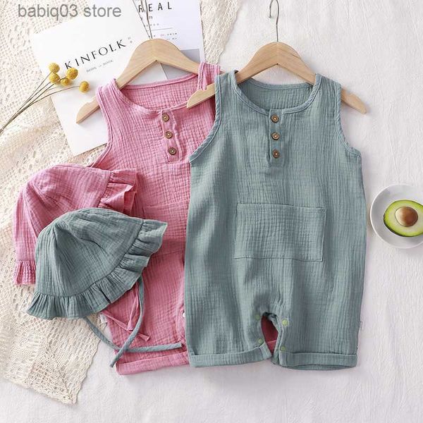 

rompers toddler boys girls summer rompers solid sleeveless organic cotton button romper jumpsuits infant baby one pieces clothes t230529, Blue