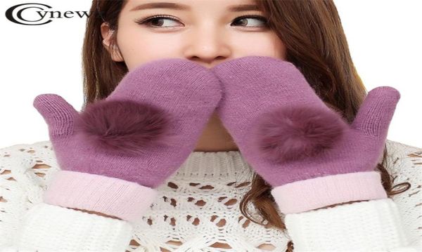 

real fur ball design womens knitted mittens gloves winter autumn keep warm wool gloves fashion female glove3784852, Blue;gray