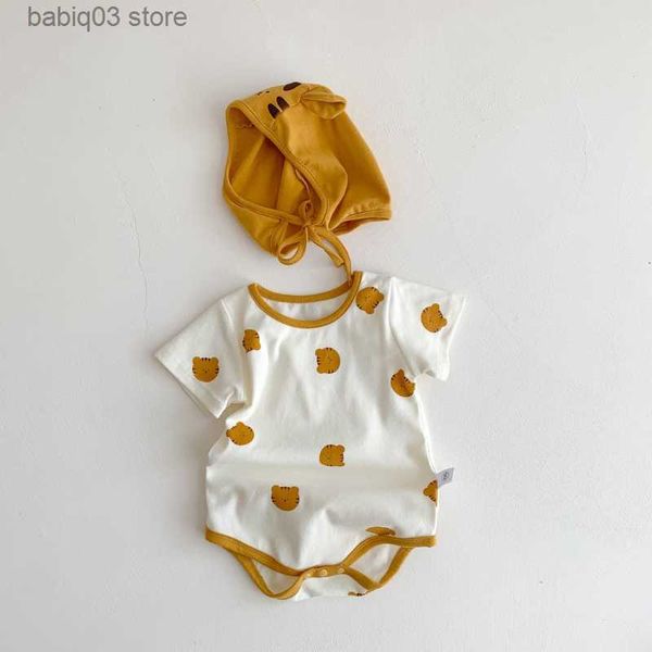 

rompers cute cartoon tiger design baby clothes newborn short sleeve summer romper+hat set t230529, Blue