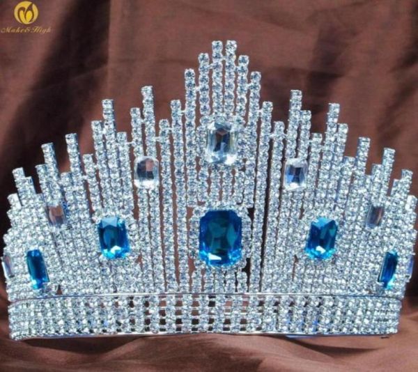 

hair clips barrettes blue crystal miss universe pageant tiaras large crowns clear rhinestone headpiece wedding bridal prom party515073113, Golden;silver