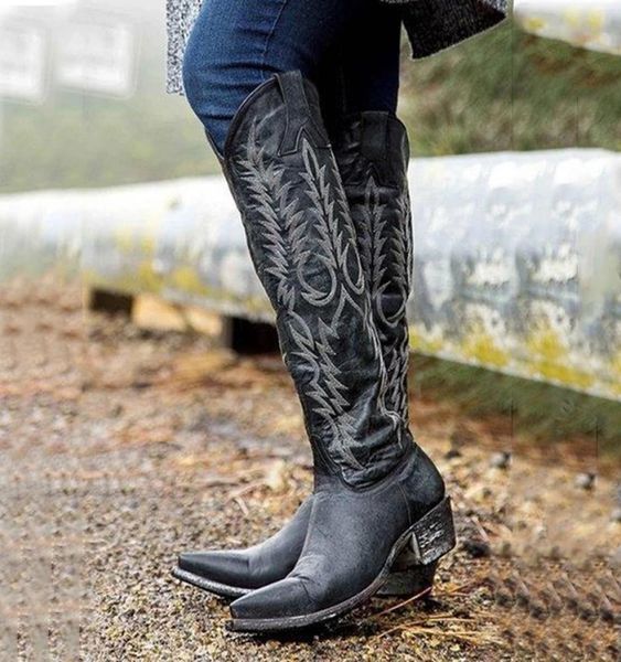 

vintage women knee high boots leather riding boots medieval western cowgirl boots autumn winter pointed toe flat8164730, Black