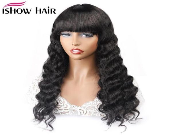 

ishow brazilian remy human hair bang wigs pre plucked natural black straight wave full machine made lace front wigs body wave 15024947347, Black;brown